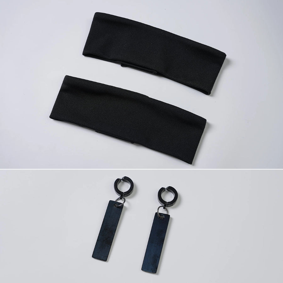 Sapphire cosplay costume frames the face with simple black headbands and coordinates with sleek hanging drop earrings.