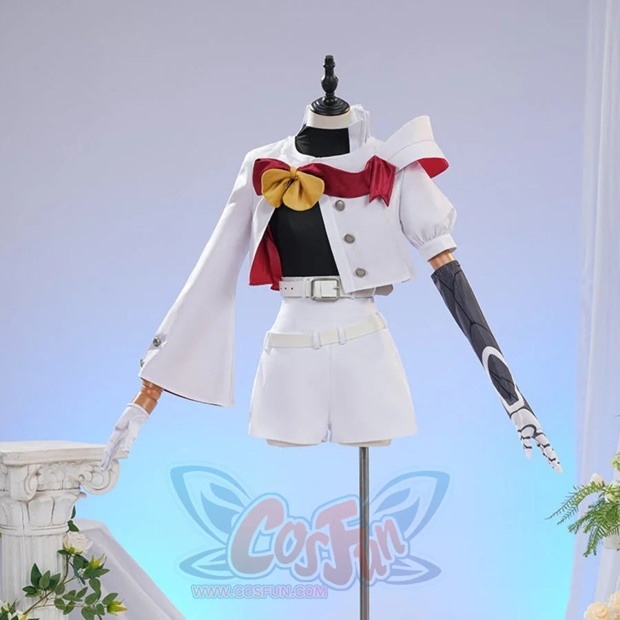 Sapphire cosplay costume layers a structured white jacket over a black top and white shorts with a decorative red capelet.