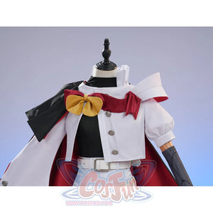 Sapphire cosplay costume layers a red bow over the white jacket while a black and red capelet drapes across the shoulders.
