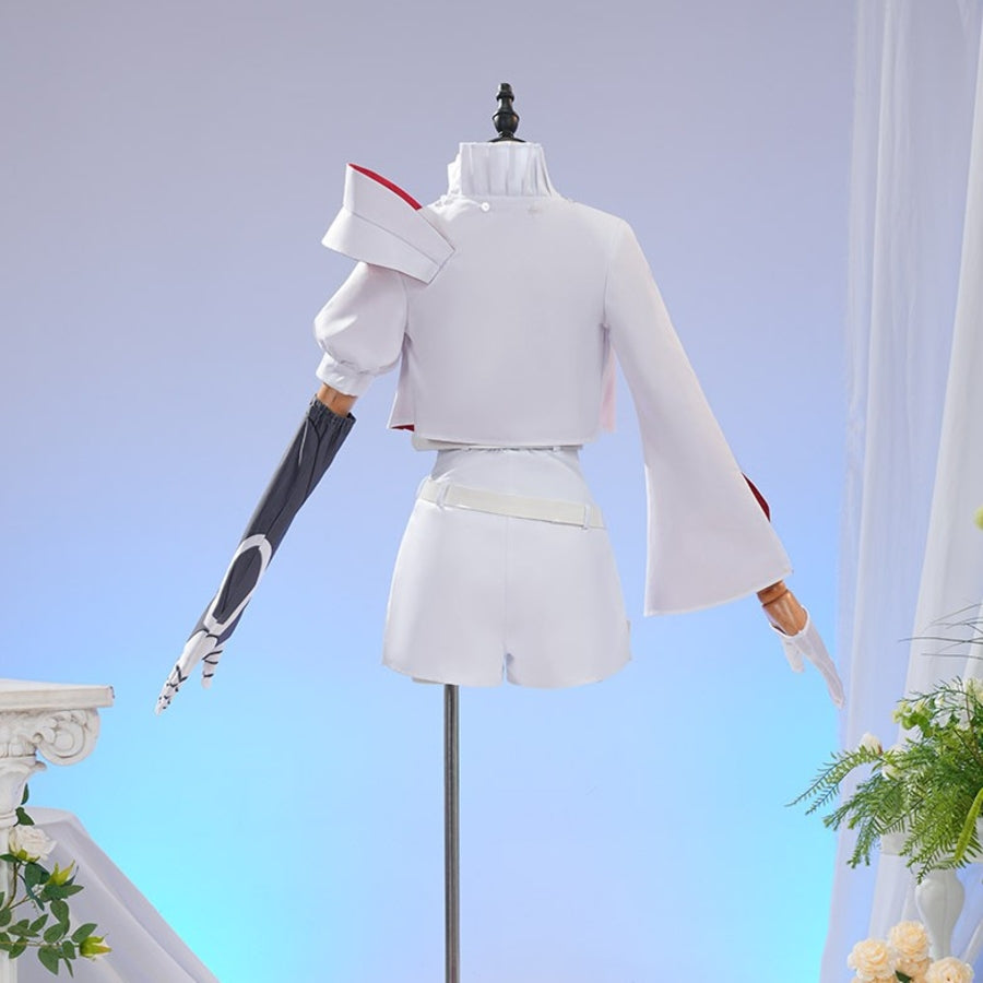 Sapphire cosplay costume reveals a back view of the white jacket and capelet set with matching pants and arm sleeve pieces.