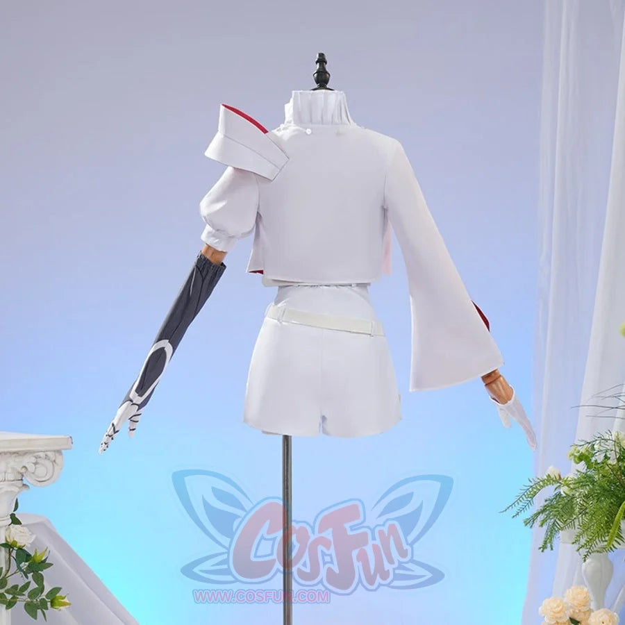 Sapphire cosplay costume reveals a back view of the white jacket and capelet set with matching pants and arm sleeve pieces.