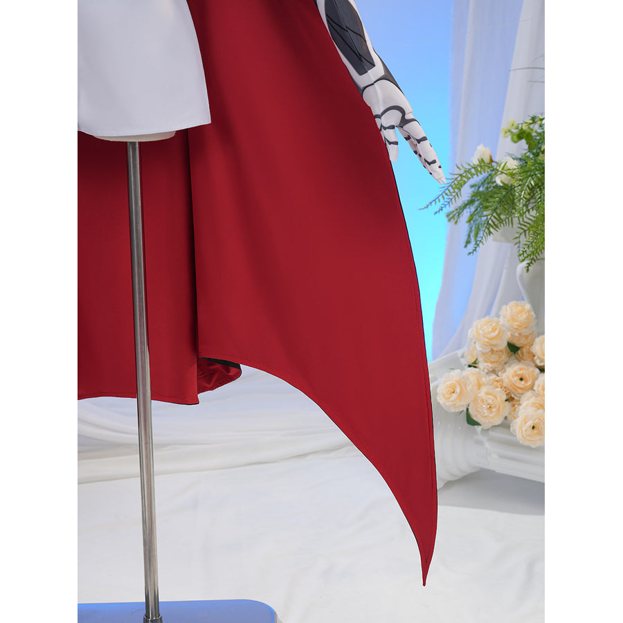 Sapphire cosplay costume layers a long red capelet over a white jacket while a white sleeve extends from the right side.