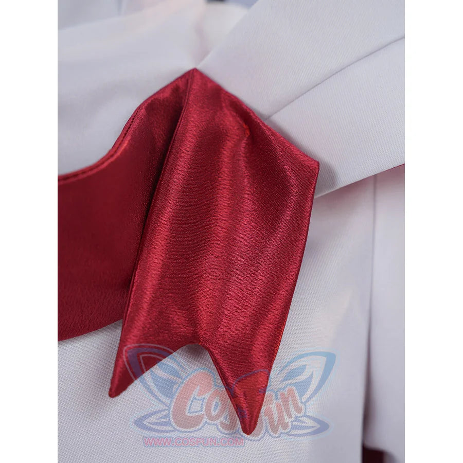Sapphire cosplay costume layers a vibrant satin red ribbon over the crisp white uniform cloth of the jacket and capelet.