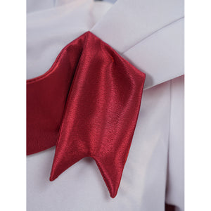 Sapphire cosplay costume layers a vibrant satin red ribbon over the crisp white uniform cloth of the jacket and capelet.