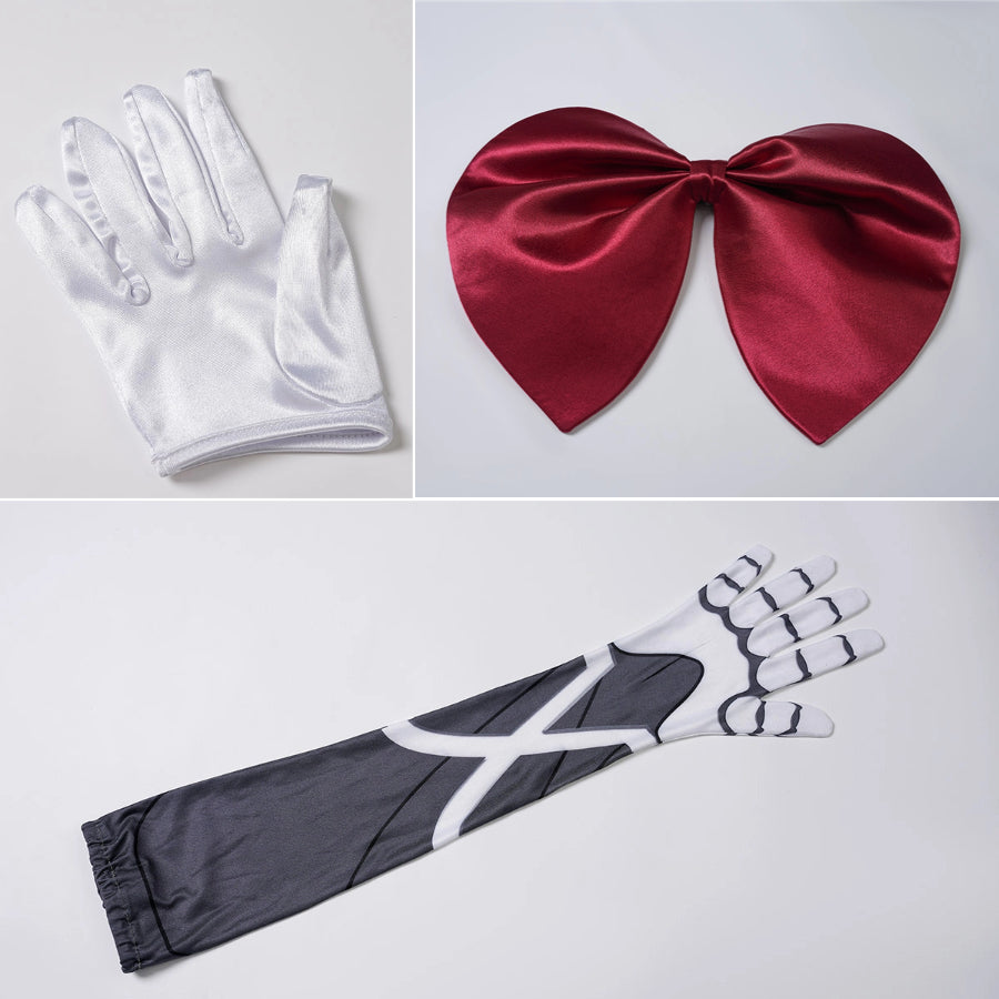 Sapphire cosplay costume sets a satin glove beside a red hair bow and a long patterned arm sleeve for character style.
