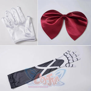 Sapphire cosplay costume sets a satin glove beside a red hair bow and a long patterned arm sleeve for character style.