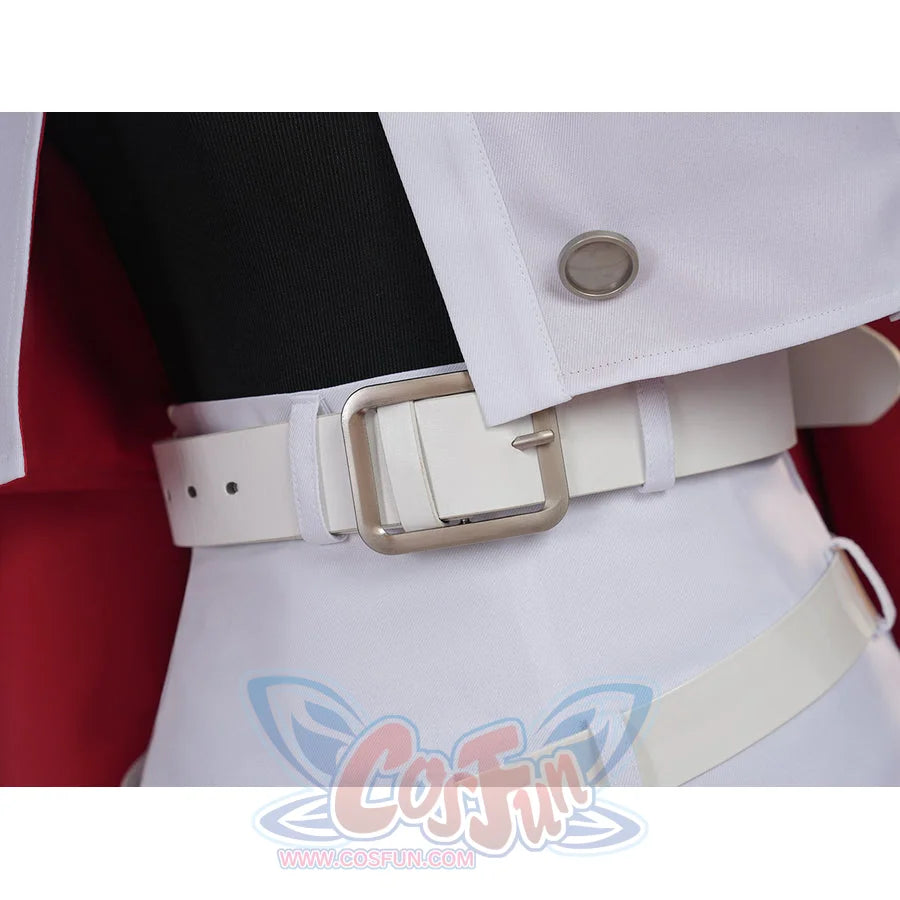 Sapphire cosplay costume centers a white waist belt with a metallic buckle over the uniform cloth jacket and pants.