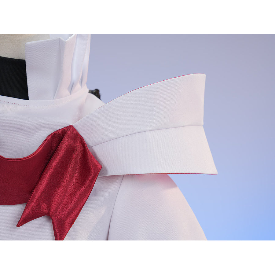 Sapphire cosplay costume frames the white capelet with a structured red ribbon that gathers at the shoulder area.