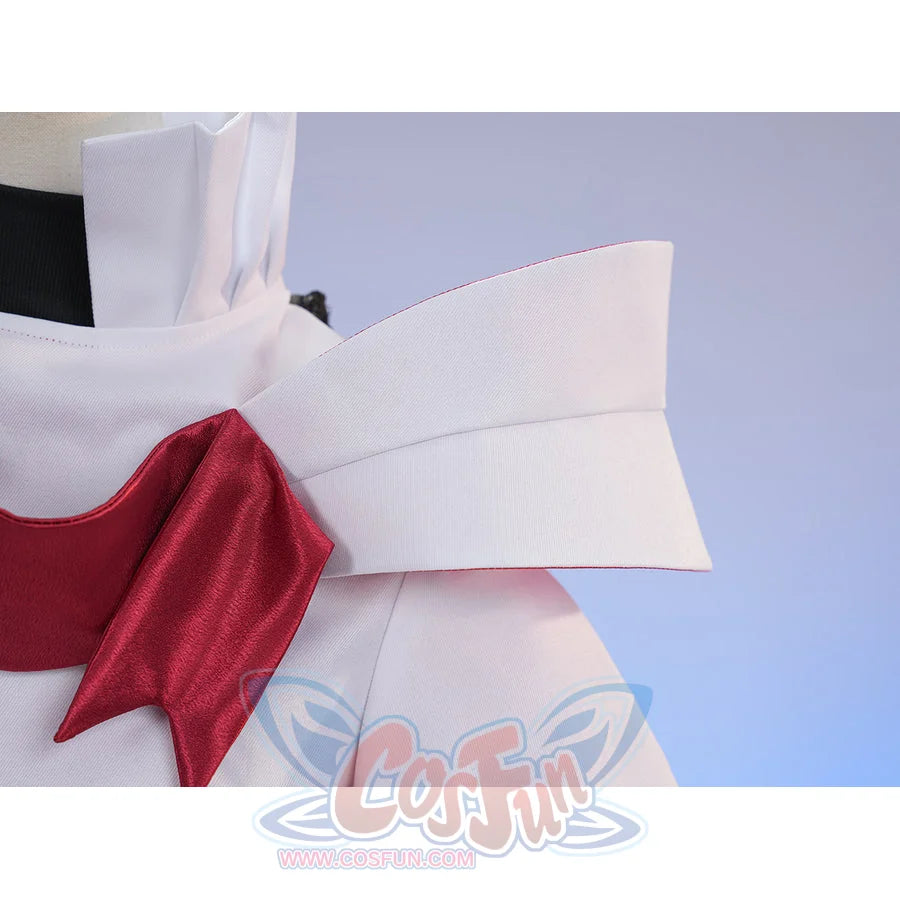 Sapphire cosplay costume frames the white capelet with a structured red ribbon that gathers at the shoulder area.
