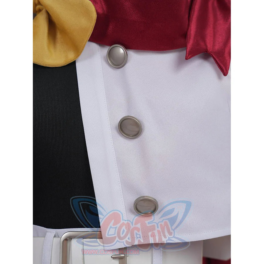 Sapphire cosplay costume centers white jacket with silver-tone buttons gold-tone and red fabric accents and a waist belt.
