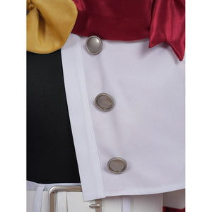 Sapphire cosplay costume centers white jacket with silver-tone buttons gold-tone and red fabric accents and a waist belt.