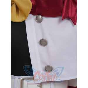 Sapphire cosplay costume centers white jacket with silver-tone buttons gold-tone and red fabric accents and a waist belt.