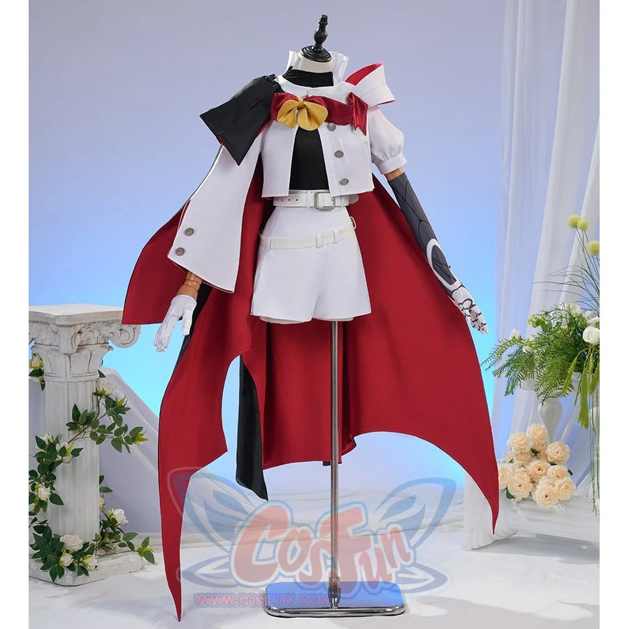 Sapphire cosplay costume layers a red cape over a white jacket and matching shorts with a gold-tone bow accent and gloves.