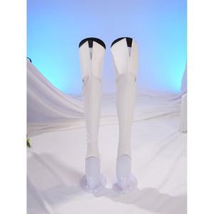 Sapphire cosplay costume anchor the legs with elegant white over-the-knee shoe covers pairing sleek black top cuffs.