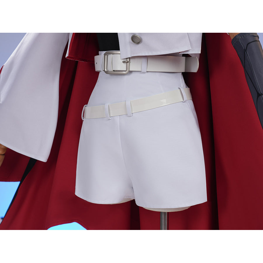 Sapphire cosplay costume frames white shorts with a dual belt design against a vibrant red capelet fabric backing.