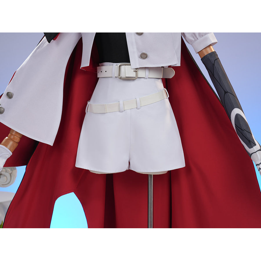 Sapphire cosplay costume layers a white jacket over matching shorts while securing the waist with dual white buckled belts.