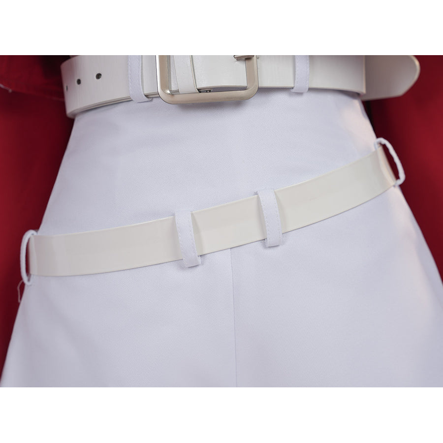 Sapphire cosplay costume gathers white waist belts over clean trousers to accentuate the uniform cloth structure.