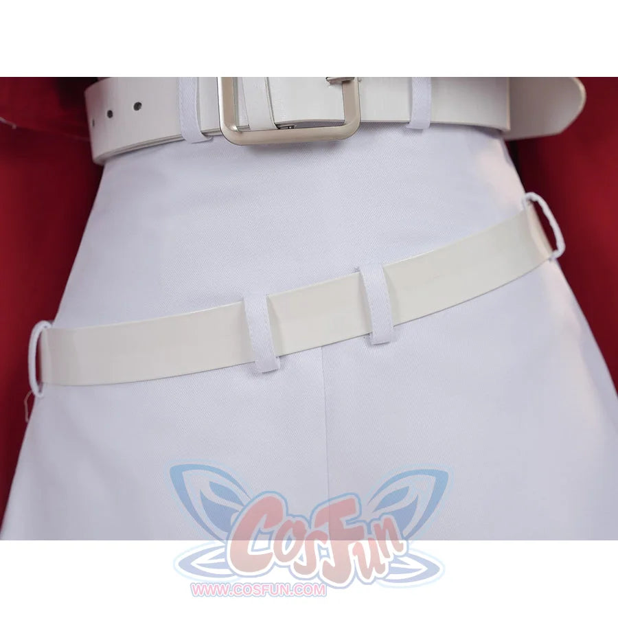 Sapphire cosplay costume gathers white waist belts over clean trousers to accentuate the uniform cloth structure.