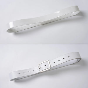 Sapphire cosplay costume centers white waist belt with a metal buckle and adjustment holes.