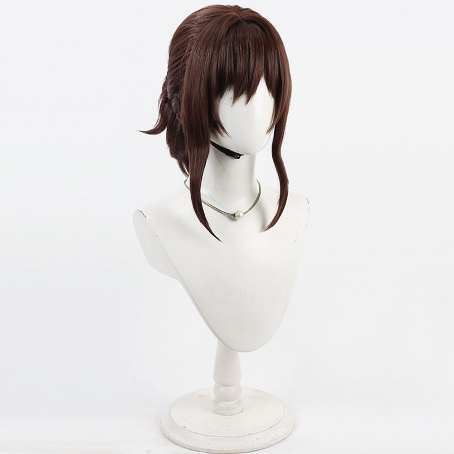 Angled front view of Sciel cosplay wig from Clair Obscur Expedition 33 with brown layered hair and side strands