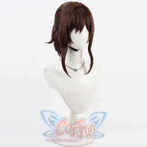 Angled front view of Sciel cosplay wig from Clair Obscur Expedition 33 with brown layered hair and side strands