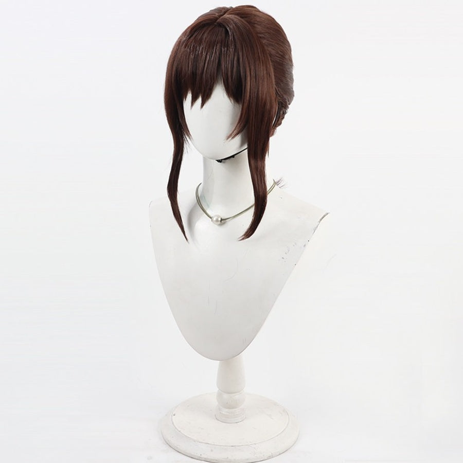 Front view of Sciel cosplay wig from Clair Obscur Expedition 33 with brown bangs, side locks, and layered crown