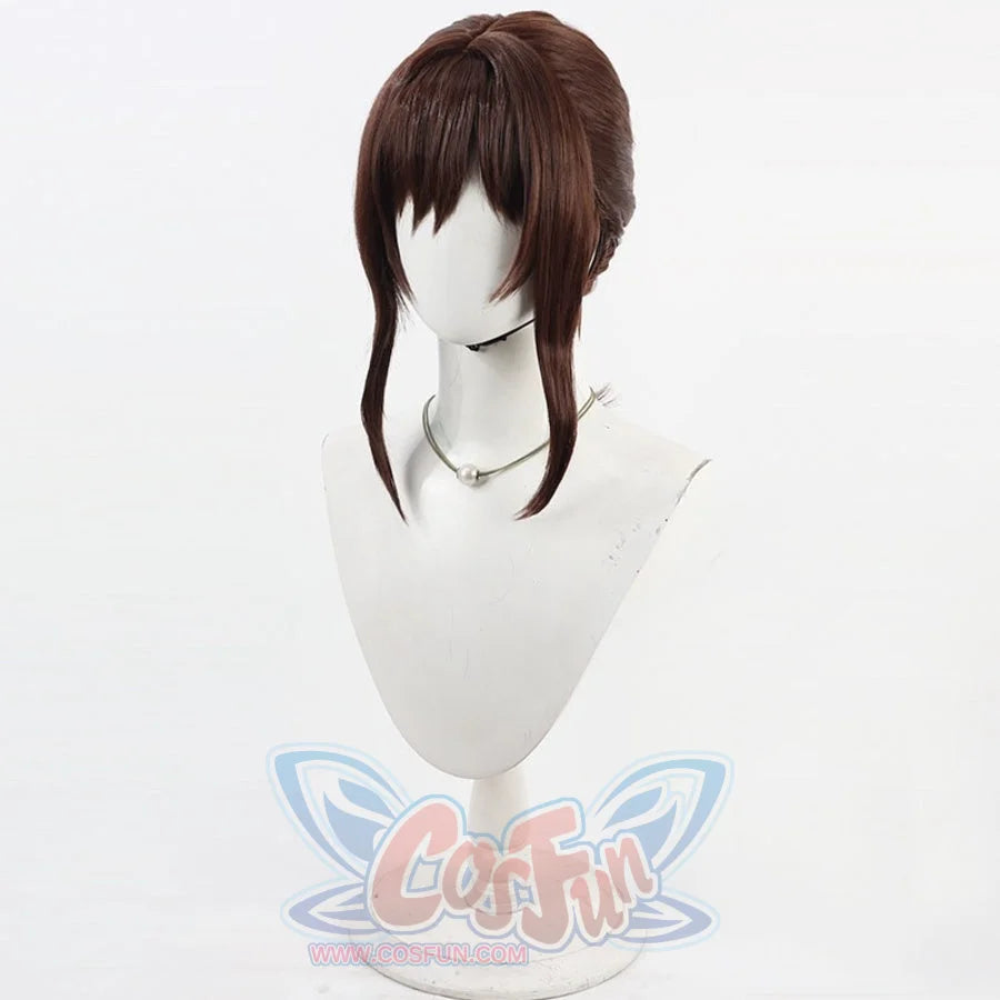 Front view of Sciel cosplay wig from Clair Obscur Expedition 33 with brown bangs, side locks, and layered crown