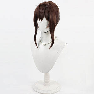 Front view of Sciel cosplay wig from Clair Obscur Expedition 33 with brown bangs, side locks, and layered crown