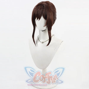 Front view of Sciel cosplay wig from Clair Obscur Expedition 33 with brown bangs, side locks, and layered crown