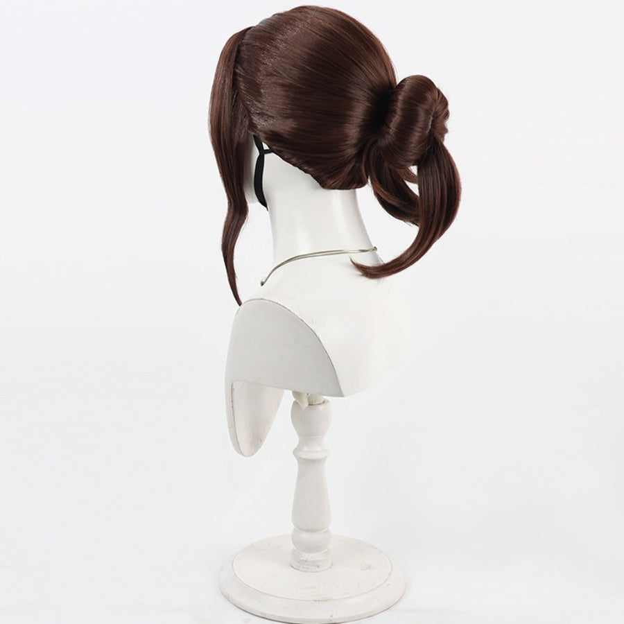 Back side view of Sciel cosplay wig from Clair Obscur Expedition 33 with brown ponytail, smooth crown, and side lock
