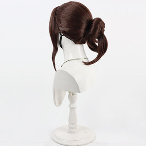 Back side view of Sciel cosplay wig from Clair Obscur Expedition 33 with brown ponytail, smooth crown, and side lock
