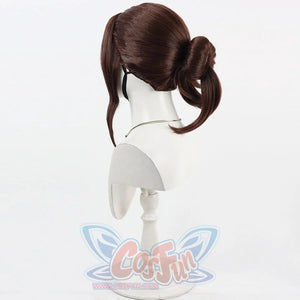 Back side view of Sciel cosplay wig from Clair Obscur Expedition 33 with brown ponytail, smooth crown, and side lock