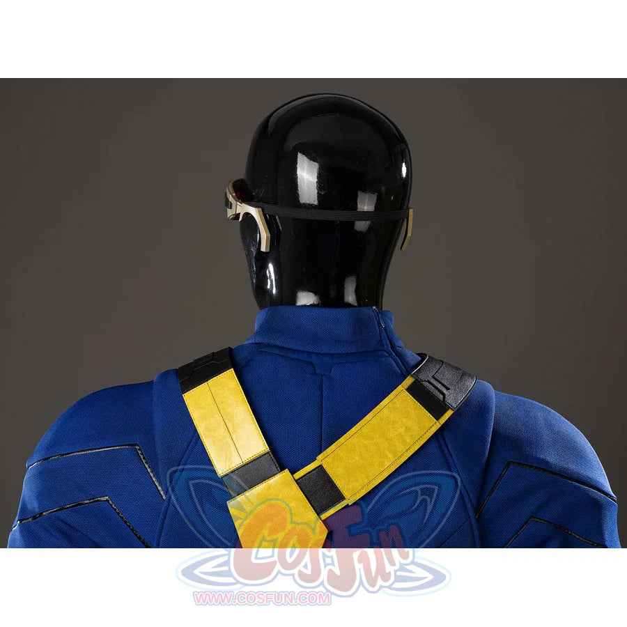 Scott Summers cosplay back harness detail crosses yellow straps below the glasses band and blue collar.