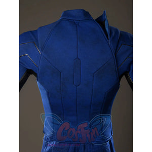 Scott Summers cosplay back torso detail runs raised blue panel seams from collar to waist.