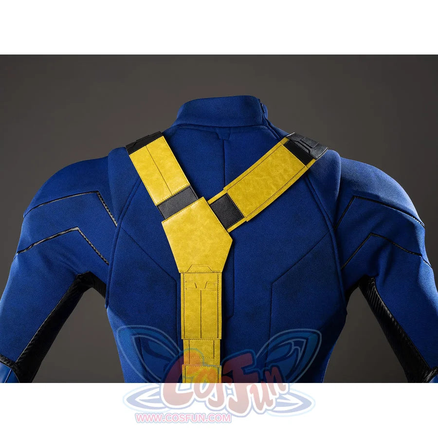 Scott Summers cosplay back harness close-up stacks yellow straps over blue shoulder panels and rear spine tab.