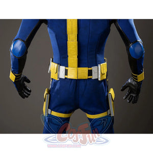 Scott Summers cosplay back waist view sets yellow belt panels around blue jumpsuit fabric and black sleeves.
