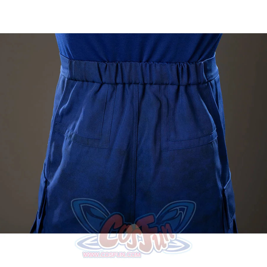 Scott Summers cosplay back waist detail gathers blue fabric into an elastic seam and rear pocket.