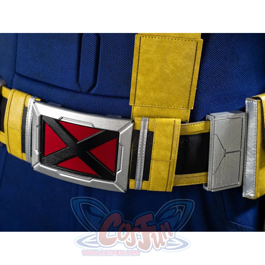 Scott Summers cosplay belt buckle close-up centers the red X crest between yellow and gray waist plates.