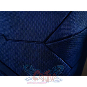 Scott Summers cosplay fabric close-up traces textured blue weave along raised seam lines.