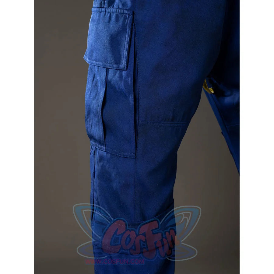 Scott Summers cosplay cargo pocket detail stacks blue side panels along the pants leg and thigh seam.