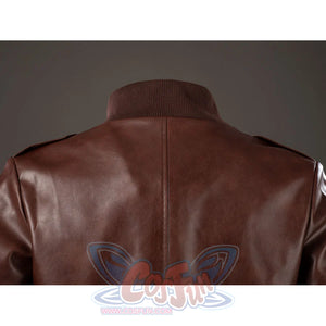 Scott Summers cosplay coat back collar view traces a center seam through glossy brown panels.