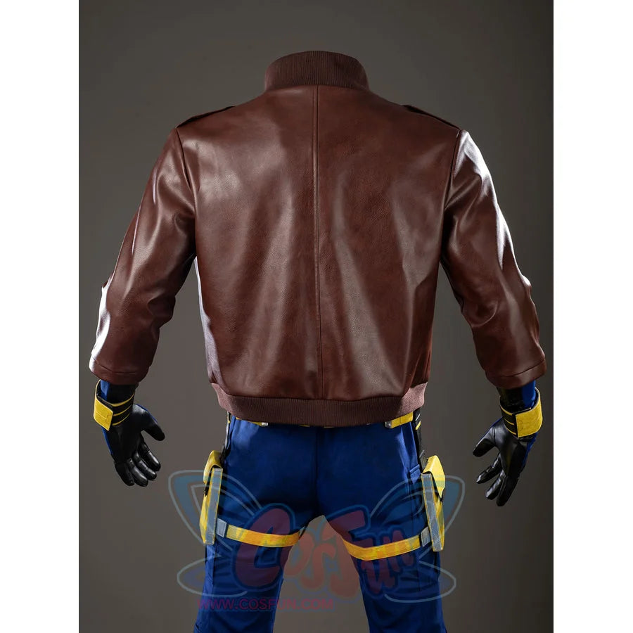 Scott Summers cosplay coat back view centers a smooth brown panel below the raised collar.