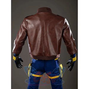 Scott Summers cosplay coat back view centers a smooth brown panel below the raised collar.
