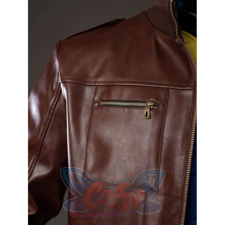 Scott Summers cosplay coat chest pocket detail layers a zipper across the brown PU leather panel.
