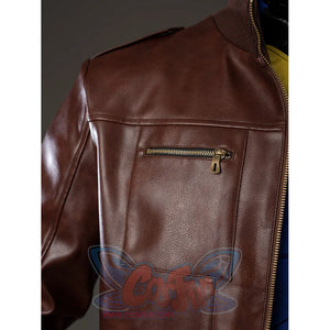 Scott Summers cosplay coat chest pocket detail layers a zipper across the brown PU leather panel.