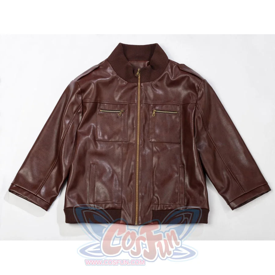 Scott Summers cosplay coat flat lay presents the brown PU leather layer with ribbed collar and hem.