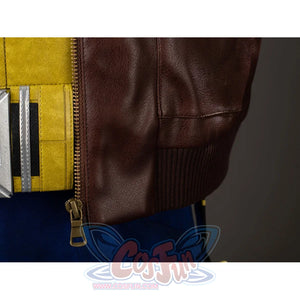 Scott Summers cosplay coat front hem detail aligns the main zipper beside ribbed knit waist trim.
