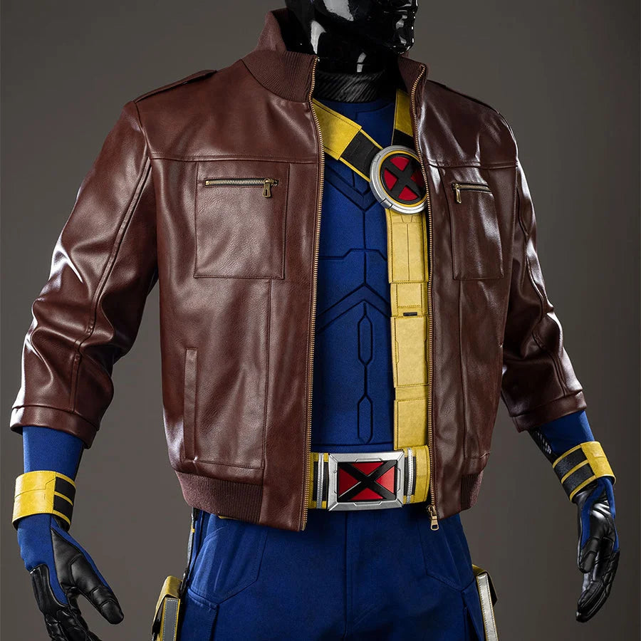 COSFUN Scott Summers cosplay coat front view frames a brown PU leather layer with raised collar and zipper.