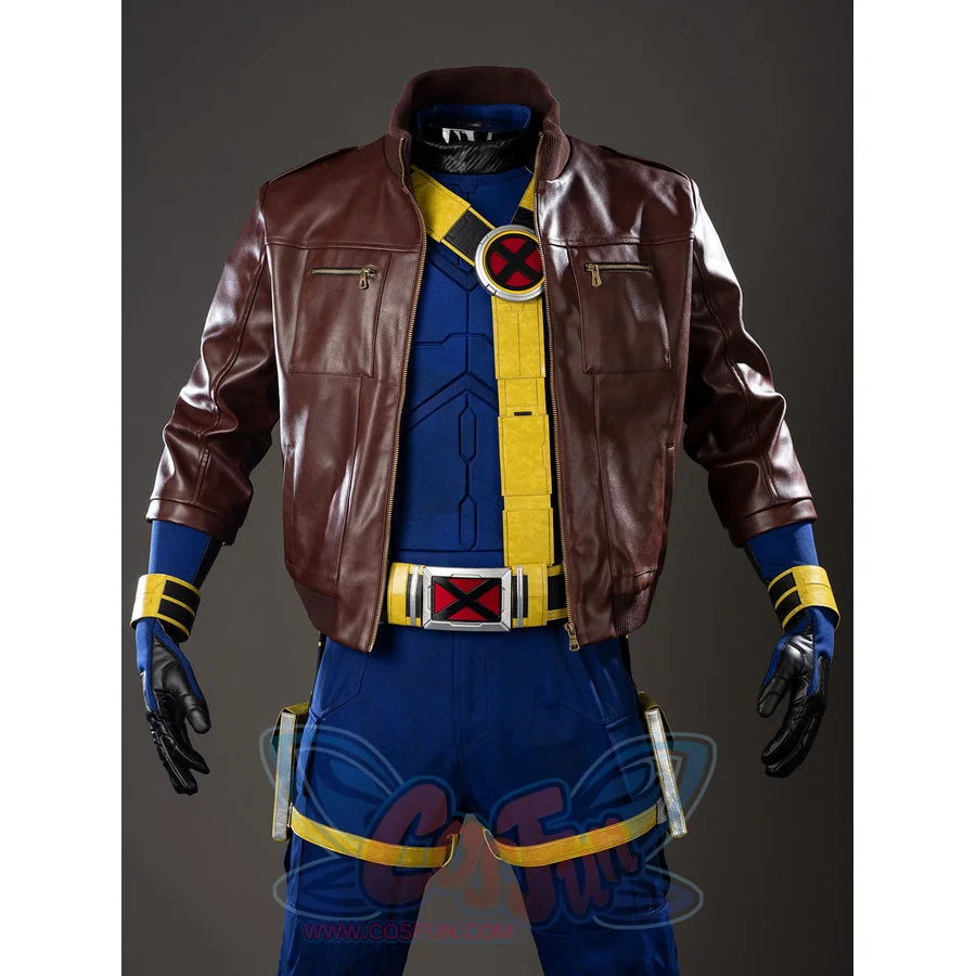 Scott Summers cosplay coat front view sets brown PU leather panels around chest zippers and ribbed cuffs.