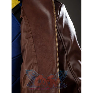 Scott Summers cosplay coat inner zipper detail reveals brown lining beside textured PU leather.